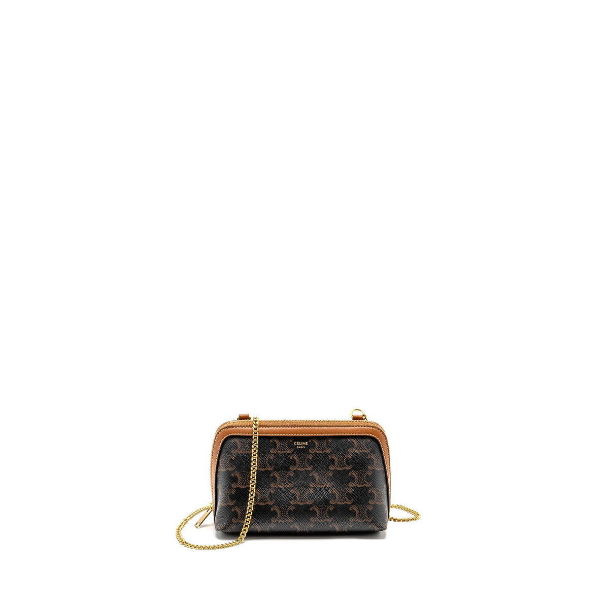 Celine Bags? Celine Clutch With Chain in Triomphe Canvas Lambskin Tan GHW Premium Designer Shoulder Bag