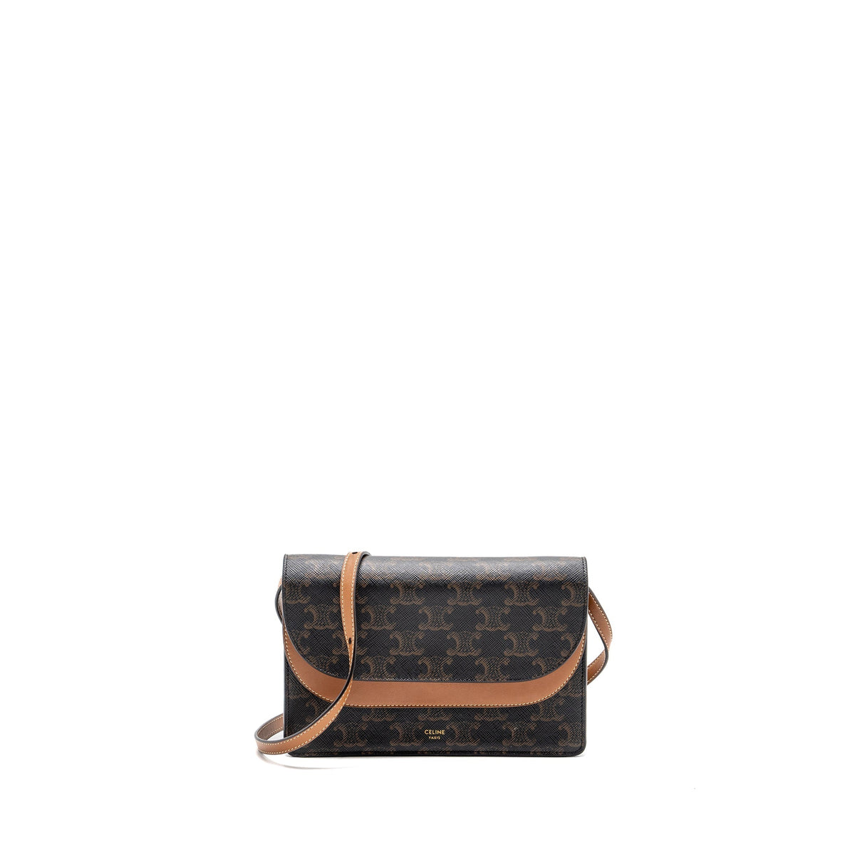 Celine Wallets? Celine Wallet on Strap Triomphe Canvas Smooth Lambskin TAN GHW Premium Leather Designer Wallet