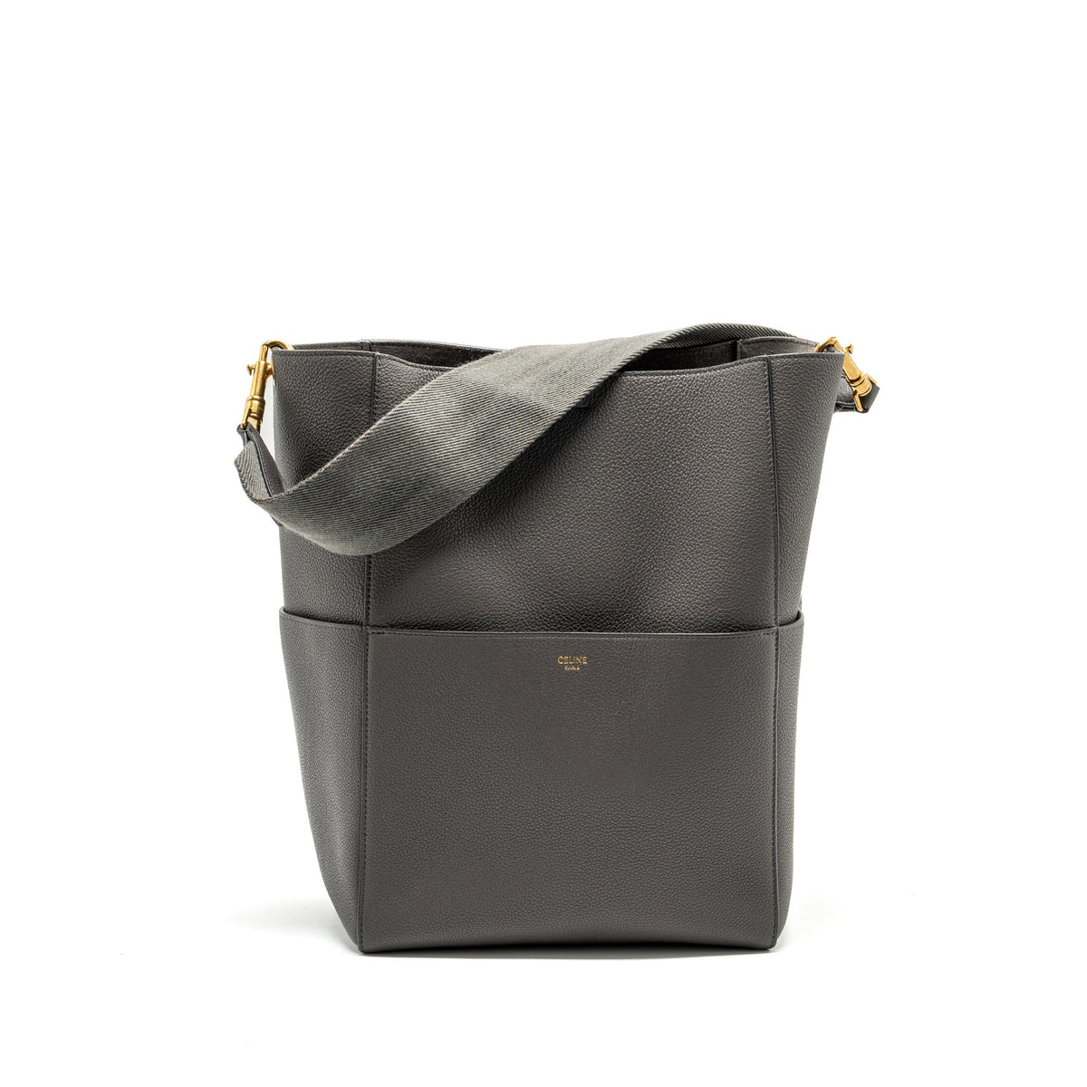 Celine Bags? Celine Sangle Bucket Bag Grained Calfskin Grey GHW Premium Designer Shoulder Bag