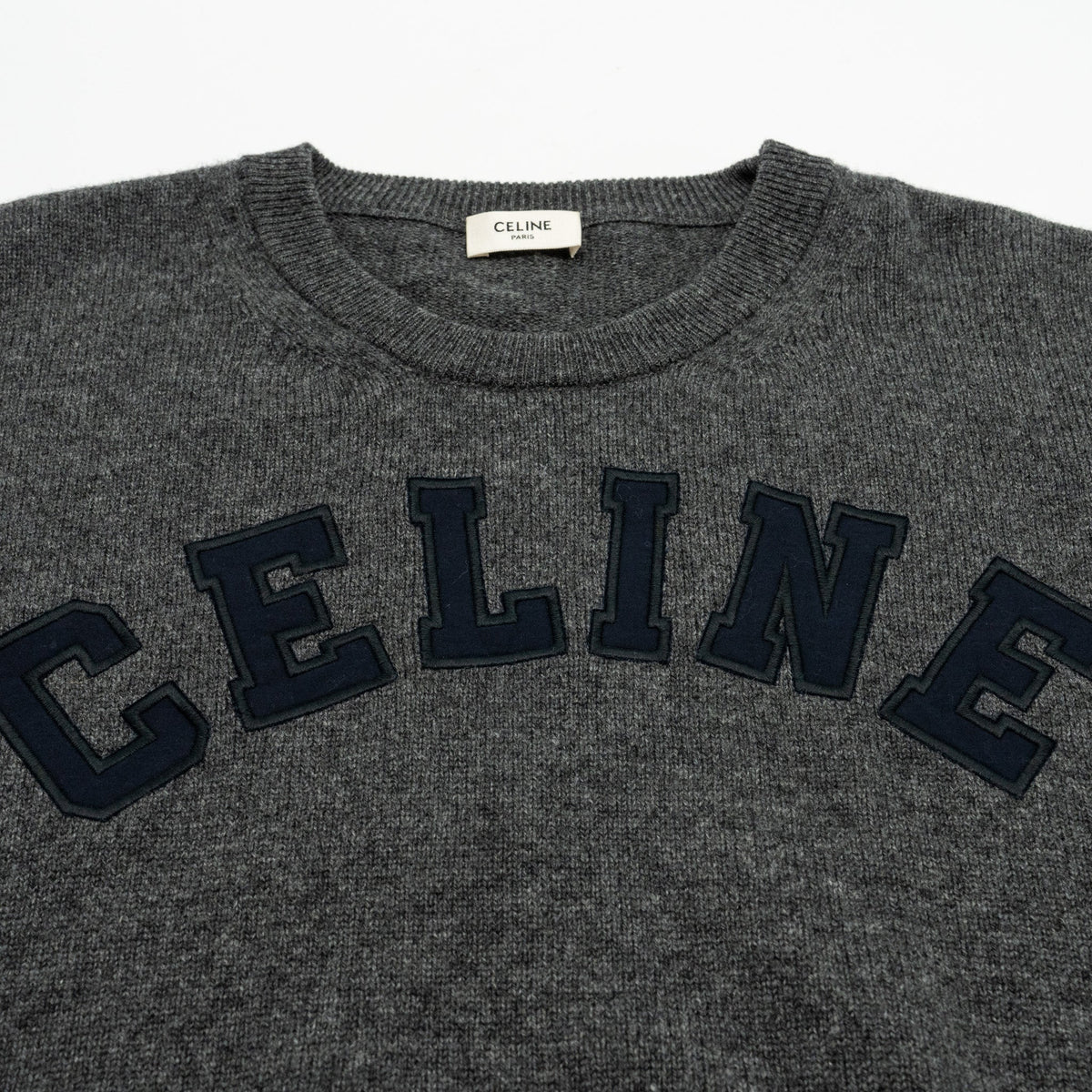 Celine Sweaters? CELINE Size L Graphic Print Crew Neck Sweater Wool Cashmere Dark Grey Premium Casual Designer Knitwear