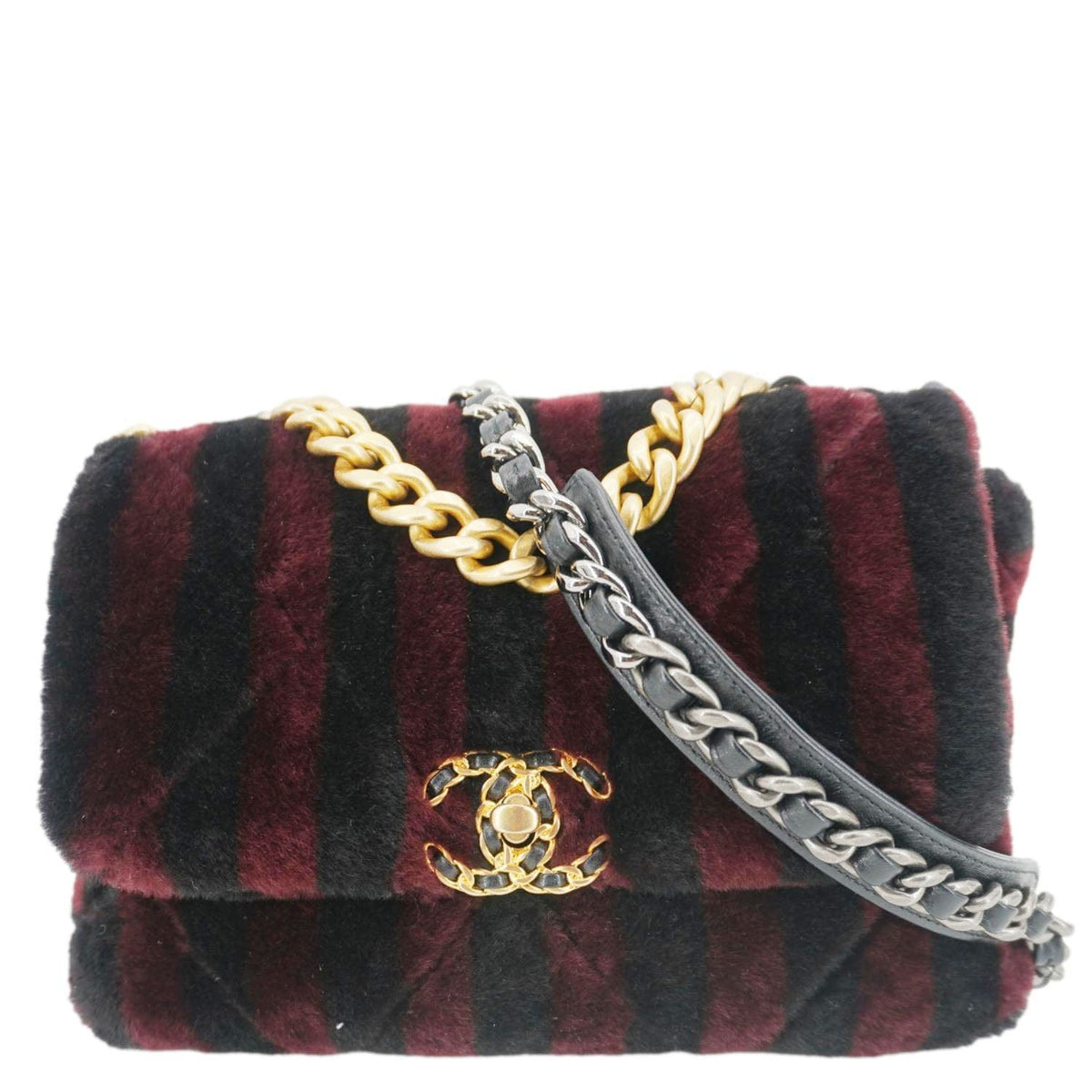 Chanel Bags Chanel 19 Flap Medium Striped Shearling Shoulder Bag Black Luxury Designer Leather Handbag