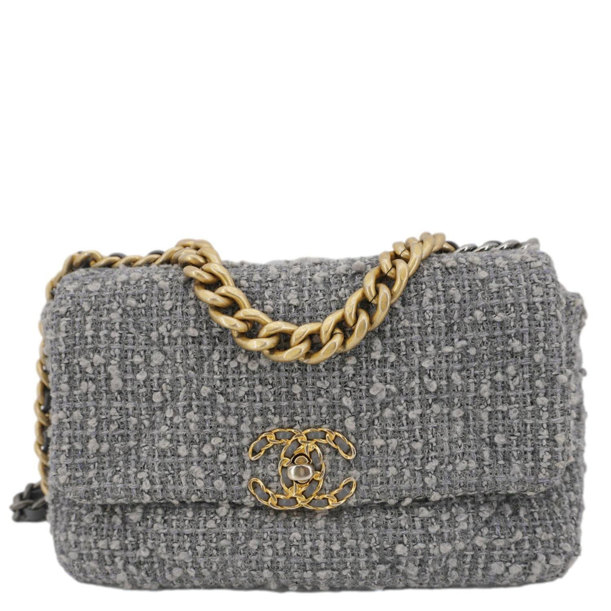 Chanel Bags Chanel 19 Flap Medium Quilted Tweed Shoulder Bag Gray Premium Designer Shoulder Bag