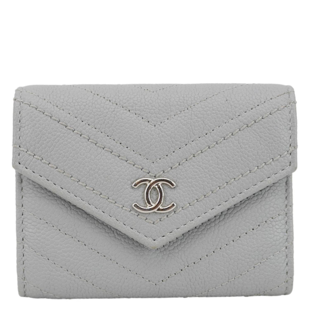 Chanel Wallets? Chanel Envelope Flap Chevron Caviar Leather Compact Wallet Grey Compact Luxury Card Wallet