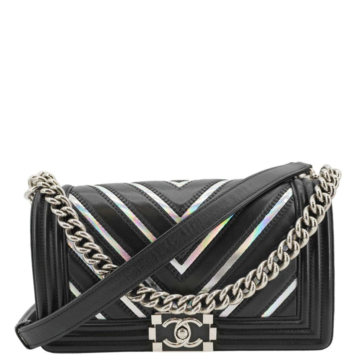 Chanel Bags Chanel Boy Flap Chevron Leather with Holographic PVC Crossbody Bag Black Elegant Everyday Designer Handbag