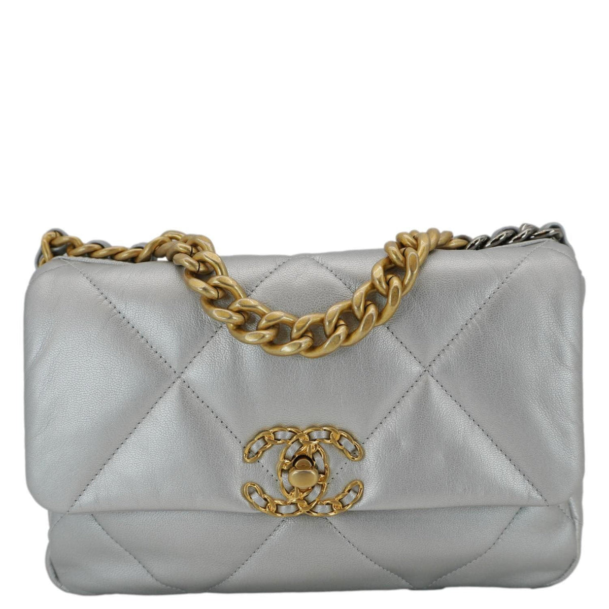 Chanel Bags Chanel 19 Medium Flap Quilted Leather Shoulder Bag Metallic Silver Premium Designer Shoulder Bag