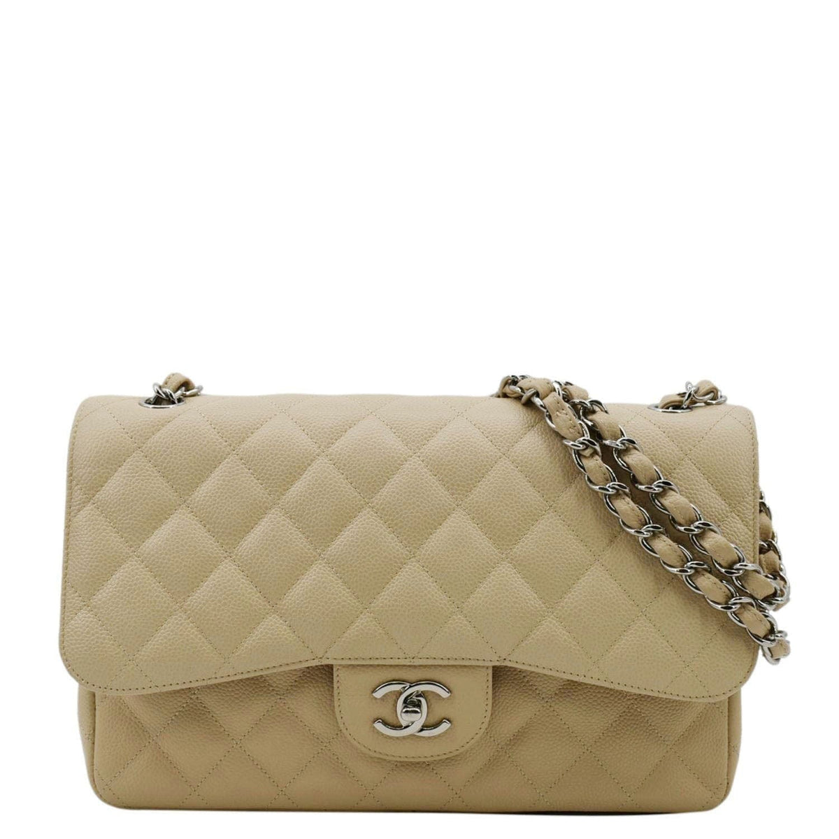 Chanel Bags Chanel Classic Jumbo Double Flap Quilted Caviar Leather Shoulder Bag Cream Premium Designer Shoulder Bag
