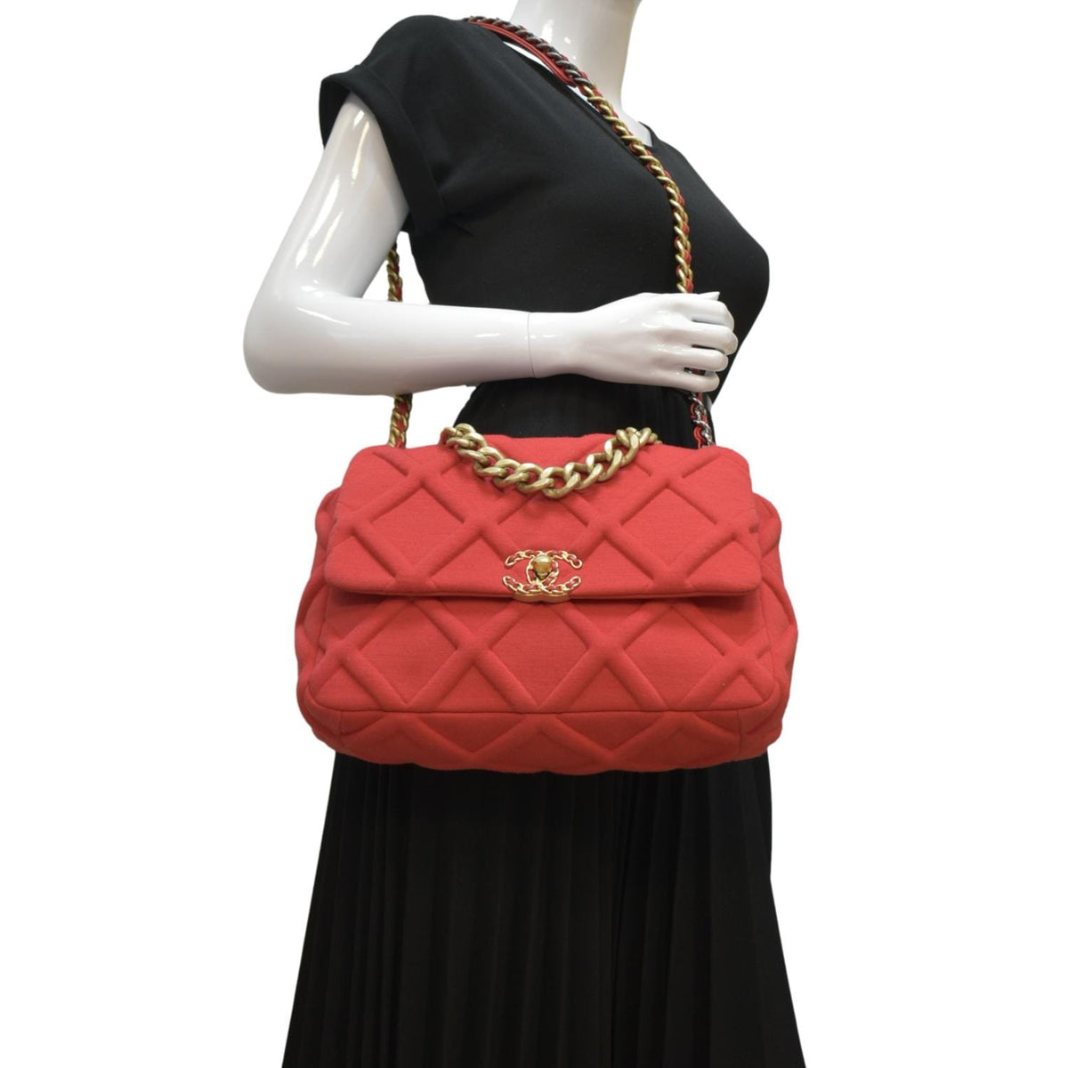 Chanel Bags Chanel 19 Flap Quitled Jersey Lambskin Shoulder Bag Red Elegant Everyday Designer Handbag