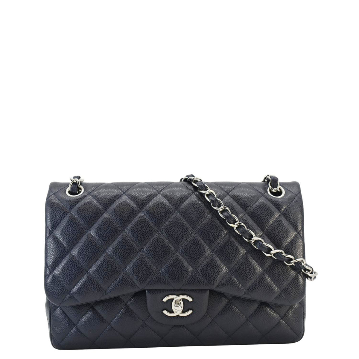 Chanel Bags Chanel Classic Jumbo Double Flap Quilted Caviar Leather Shoulder Bag Navy Blue Premium Designer Shoulder Bag