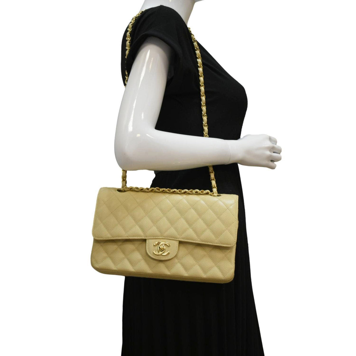 Chanel Bags Chanel Classic Double Flap Quilted Caviar Leather Shoulder Bag Cream Premium Designer Shoulder Bag