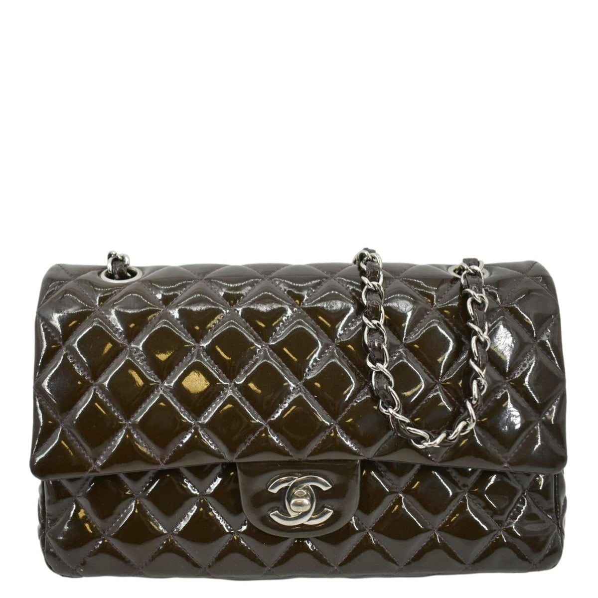 Chanel Bags Chanel Classic Medium Double Flap Patent Leather Shoulder Bag Dark Brown Premium Designer Shoulder Bag