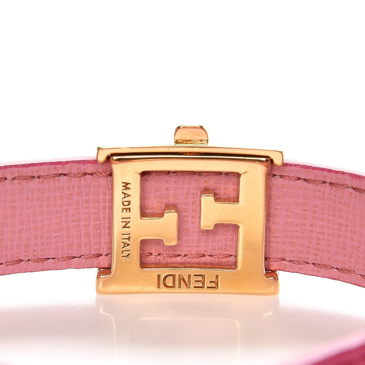 Close-up of Fendi bracelets hardware and fine stitching