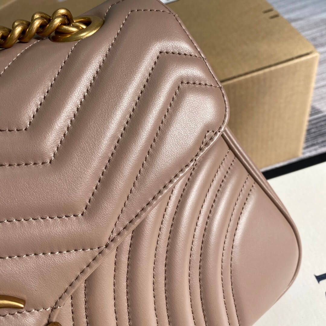 Velouxe ‎443496 Gg Marmont Medium Matelassé Shoulder Bag Nude Pink Leather Gold Hardware detail shot – authentic designer craftsmanship