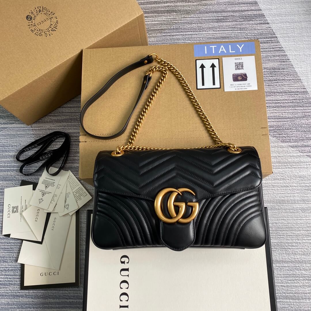 Velouxe ‎443496 Gg Marmont Medium Matelassé Shoulder Bag Black Leather Gold Hardware – luxury designer bag at Velouxe