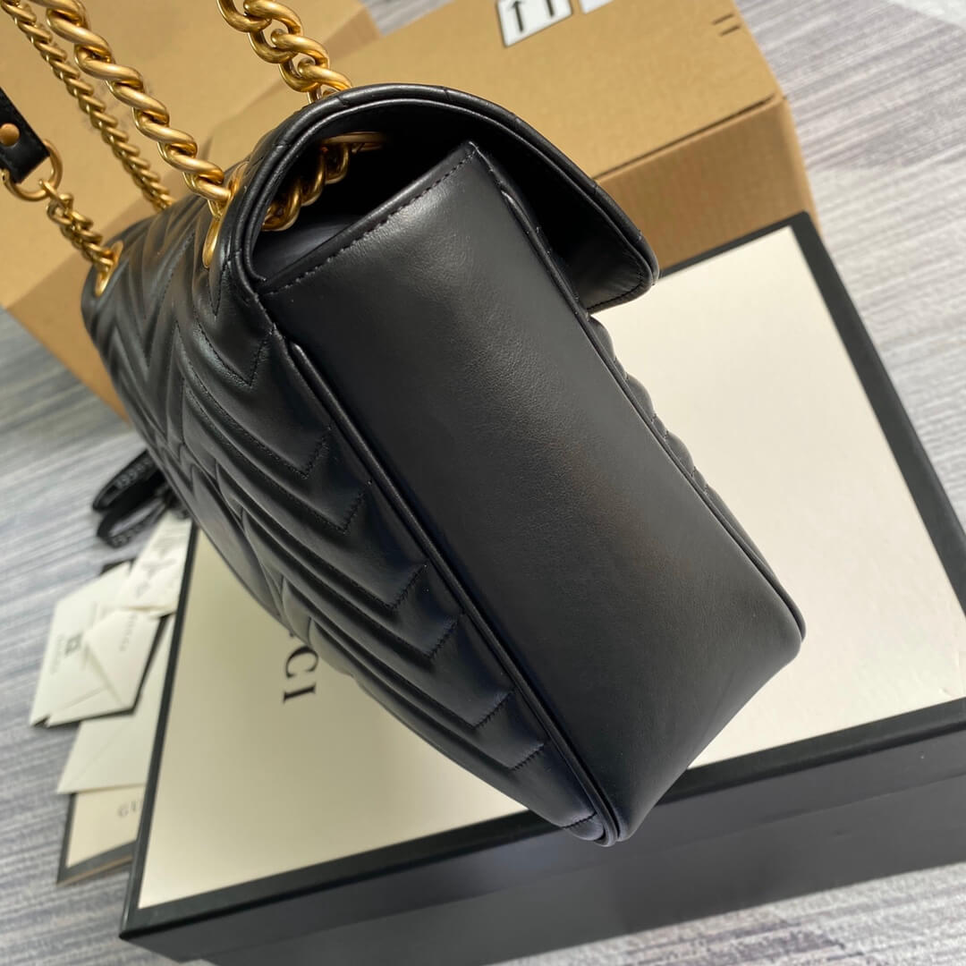 Velouxe ‎443496 Gg Marmont Medium Matelassé Shoulder Bag Black Leather Gold Hardware detail shot – authentic designer craftsmanship