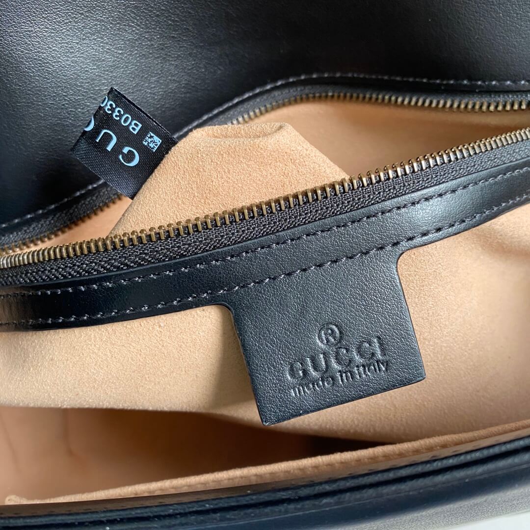 Velouxe ‎443496 Gg Marmont Medium Matelassé Shoulder Bag Black Leather Gold Hardware detail shot – authentic designer craftsmanship