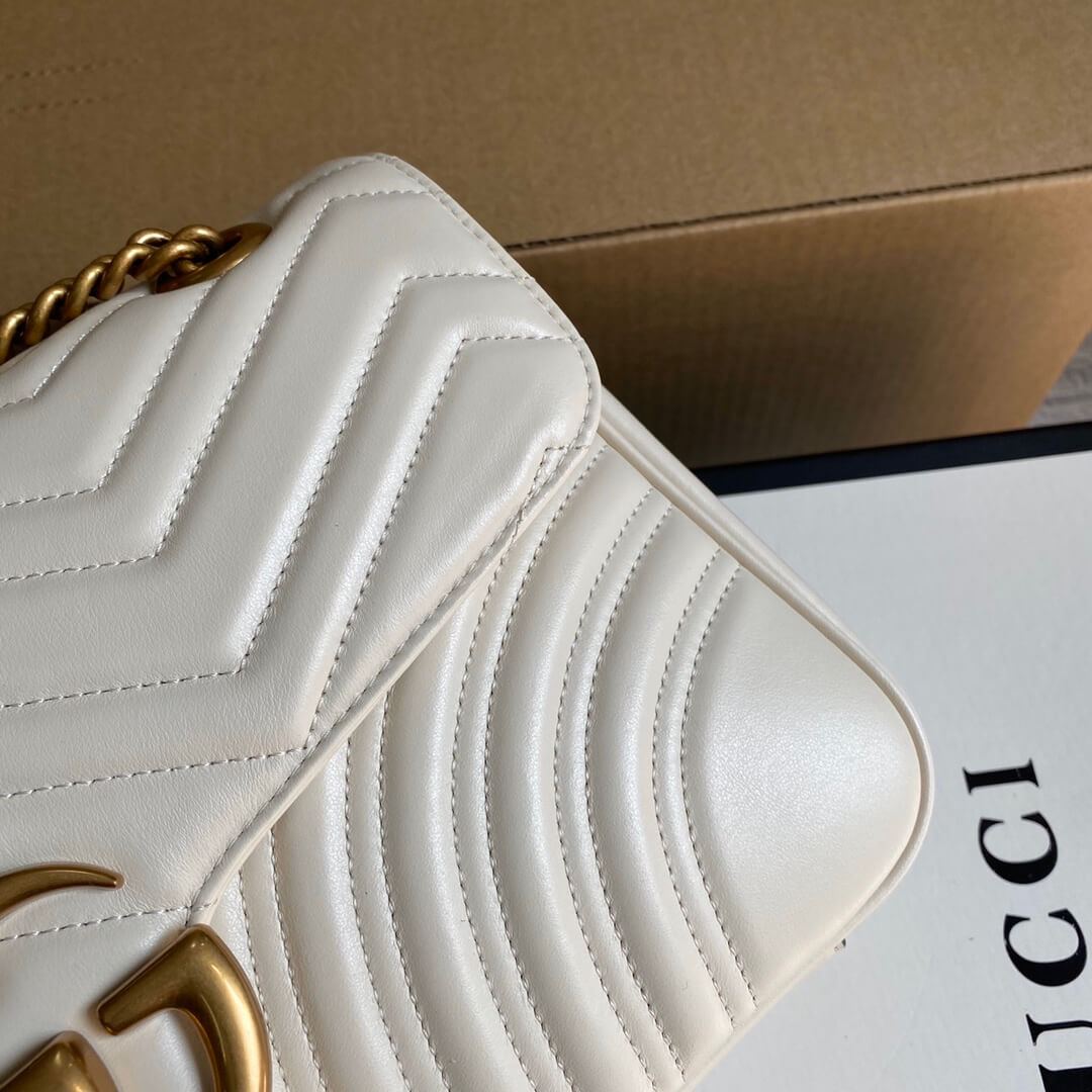 Velouxe ‎443496 Gg Marmont Medium Matelassé Shoulder Bag White Leather Gold Hardware detail shot – authentic designer craftsmanship