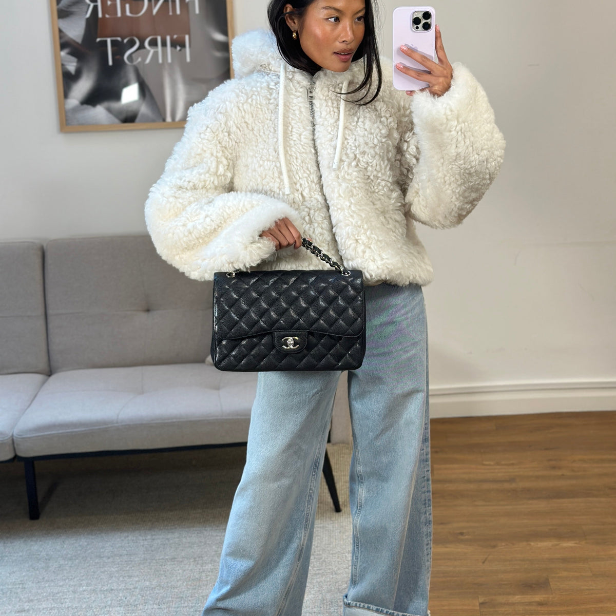 Chanel Bags Chanel Black Jumbo Classic Double Flap Bag in Caviar Leather with Silver Hardware Premium Designer Shoulder Bag