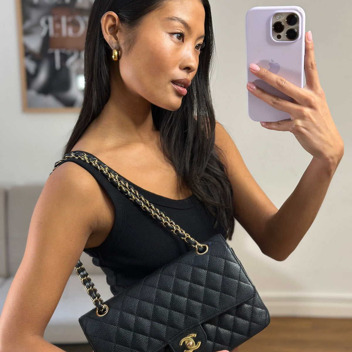 Chanel Bags Chanel Black Vintage Medium Classic Double Flap Bag in Caviar Leather with 24K Gold Hardware Elegant Everyday Designer Handbag