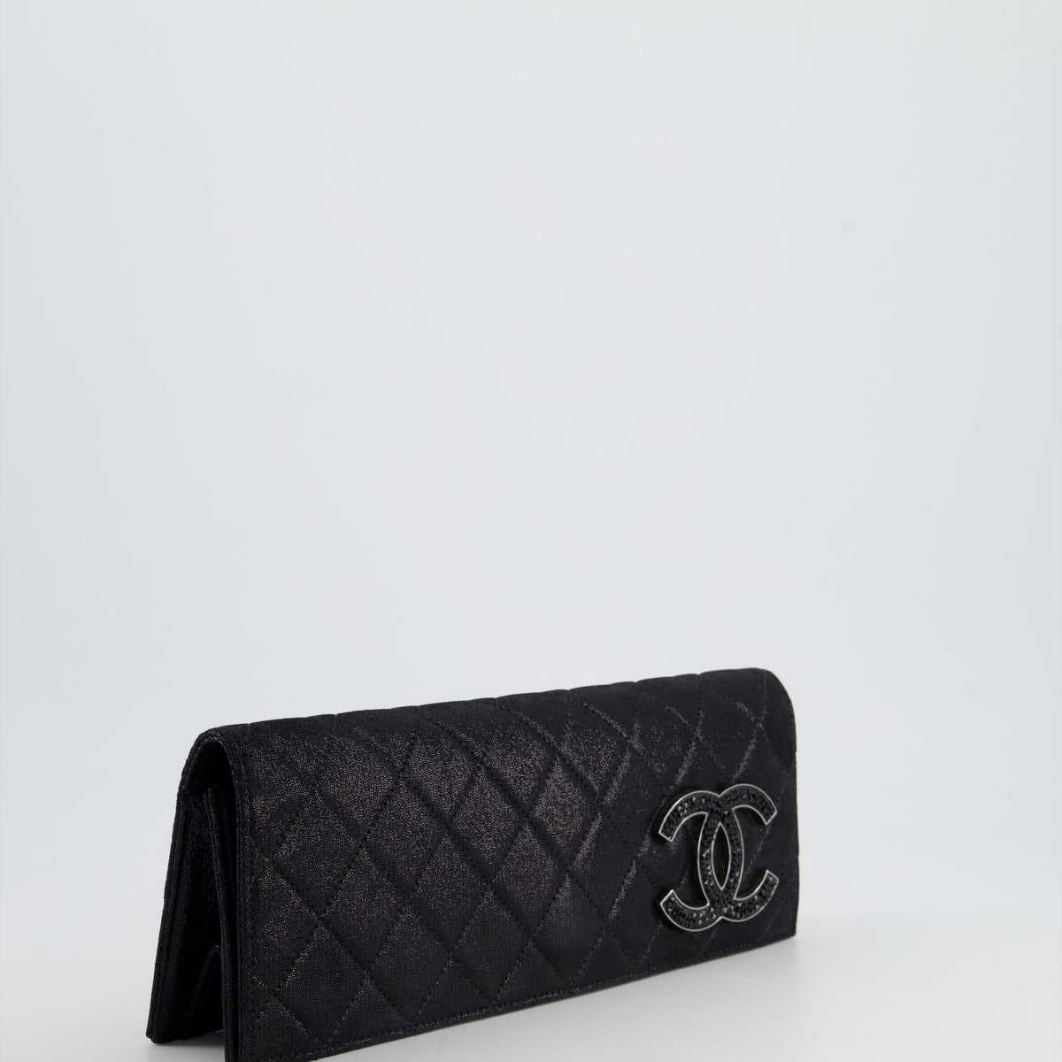 Chanel Bags Chanel *HOT* Chanel Black Shiny Quilted Long Clutch in Coated Calfskin with Silver Hardware and Crystal Detail Luxury Designer Leather Handbag