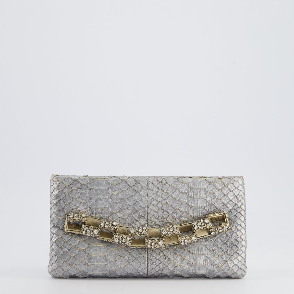 Chanel Bags Chanel *RARE* Chanel Metallic Silver Paris Bombay Clutch in Python Leather and Antique Gold Hardware with Embellished Crystals Premium Designer Shoulder Bag