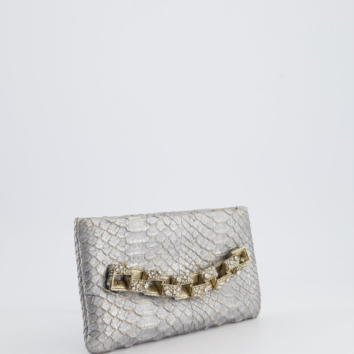 Chanel Bags Chanel *RARE* Chanel Metallic Silver Paris Bombay Clutch in Python Leather and Antique Gold Hardware with Embellished Crystals Premium Designer Shoulder Bag