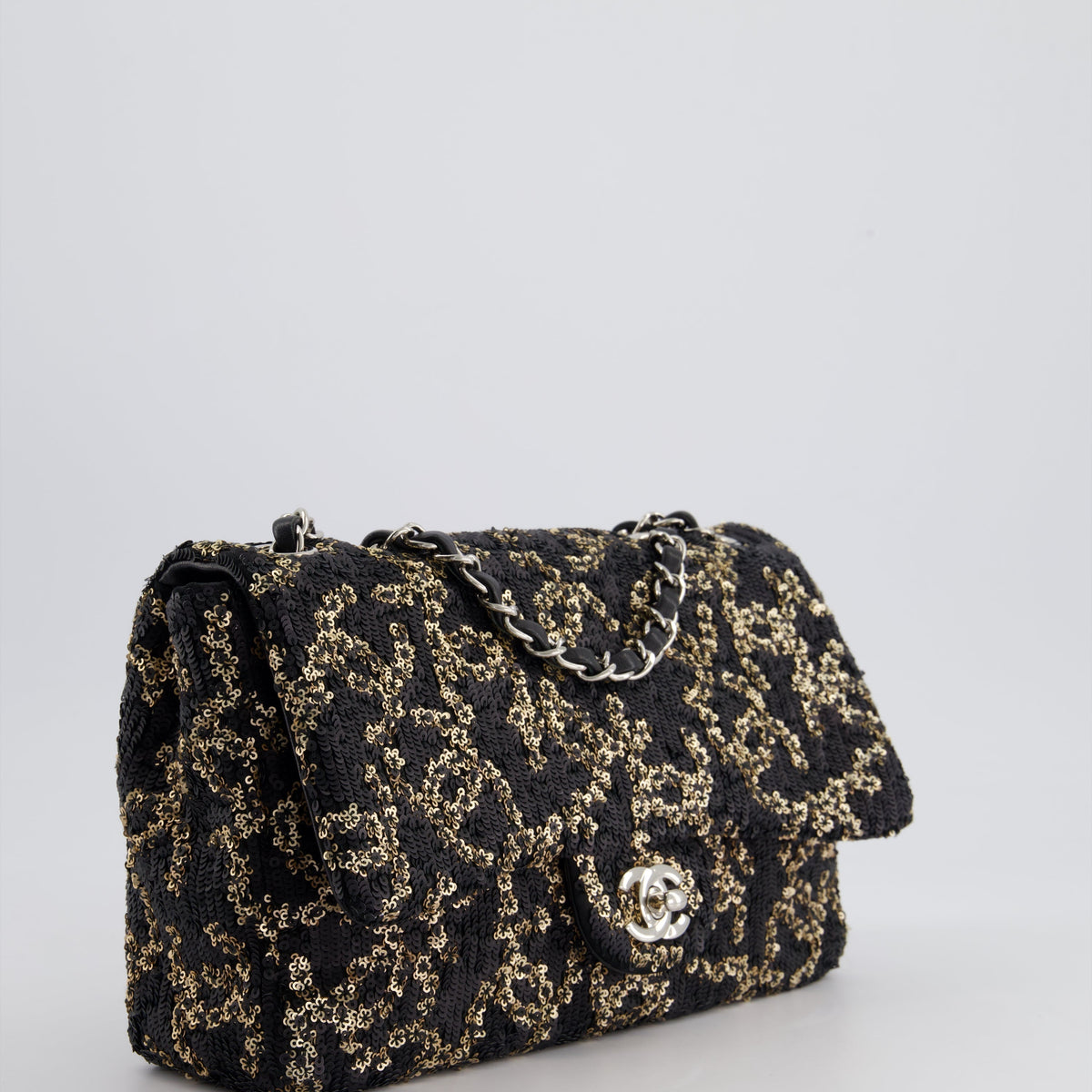 Chanel Bags Chanel Black, Gold Sequin Logo Medium Flap Bag with Silver Hardware Premium Designer Shoulder Bag