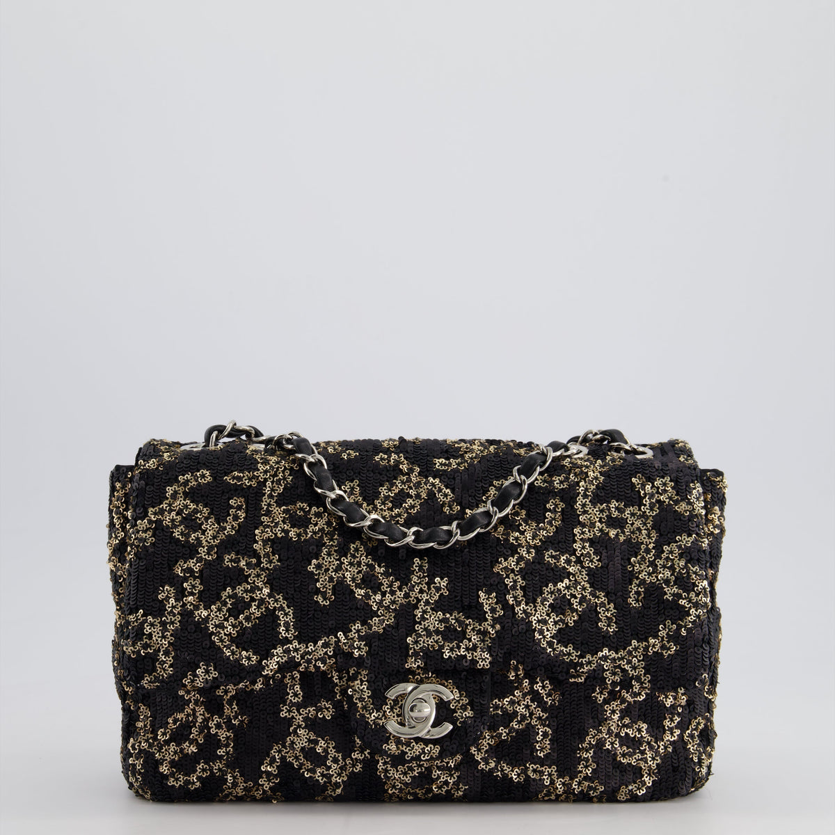 Chanel Bags Chanel Black, Gold Sequin Logo Medium Flap Bag with Silver Hardware Premium Designer Shoulder Bag