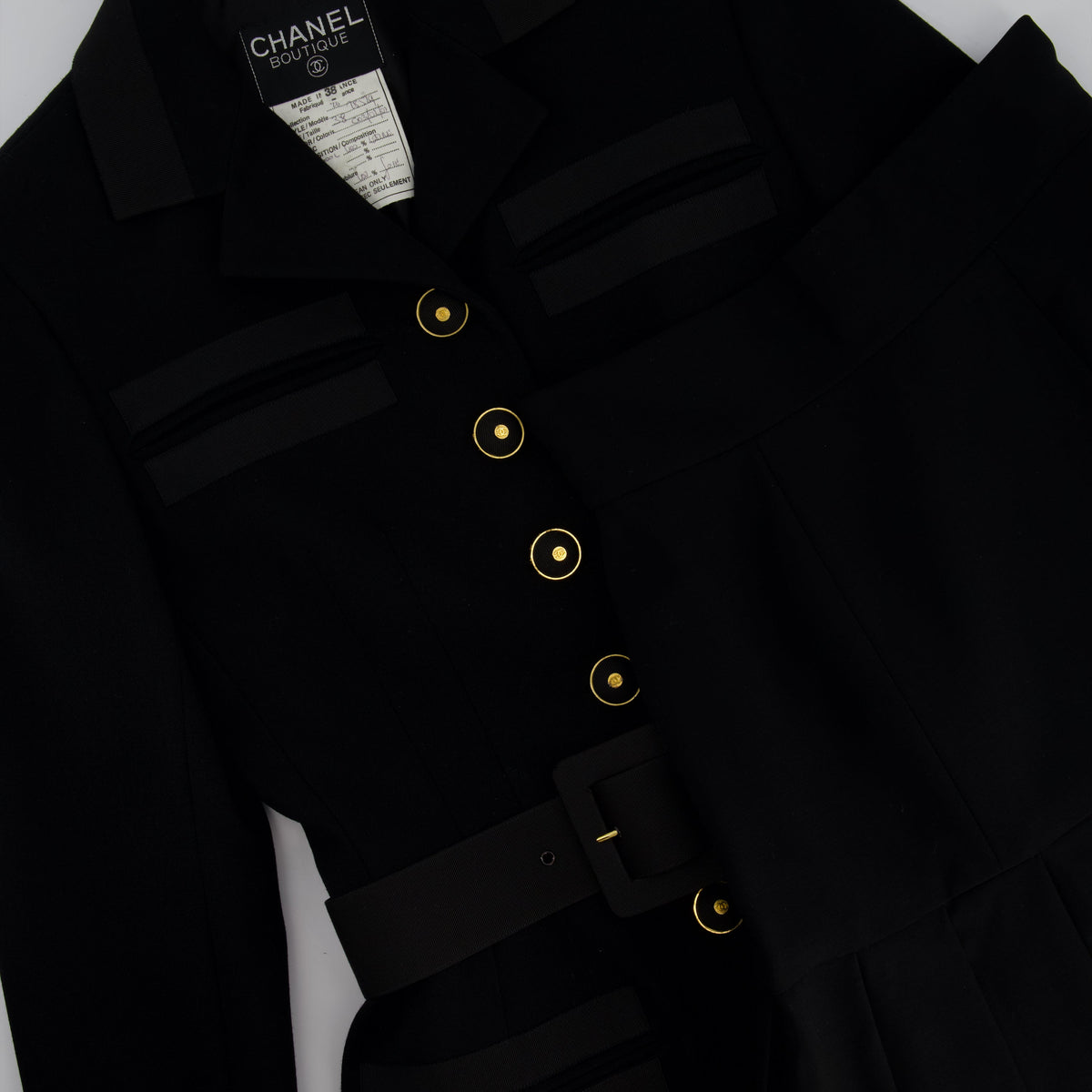 Chanel Jackets? Chanel Black Wool Blazer Jacket and Pleated Mini Skirt Set With Belt and Logo Detail Buttons Size FR 38 (UK 10) Luxury Designer Outerwear Jacket
