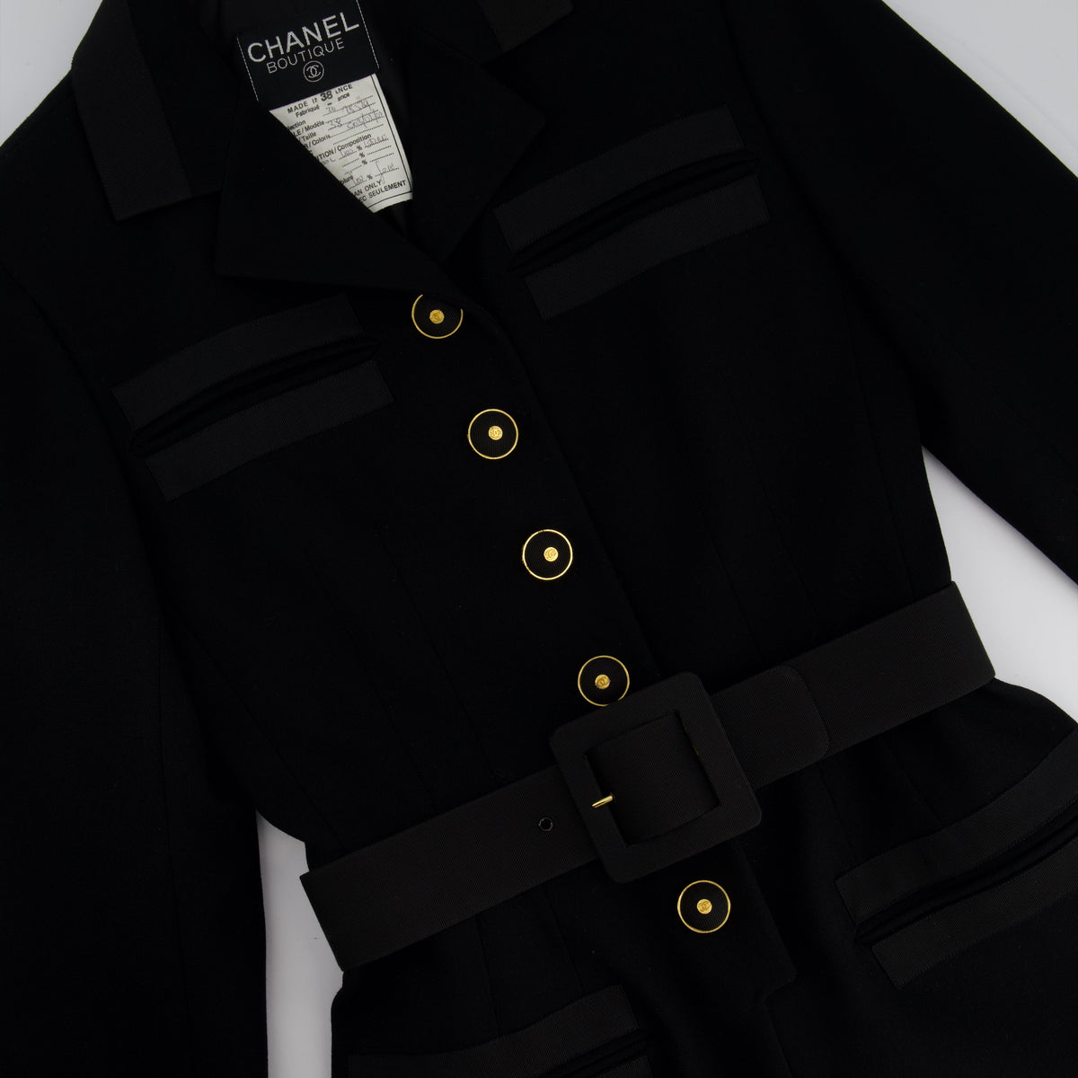 Chanel Jackets? Chanel Black Wool Blazer Jacket and Pleated Mini Skirt Set With Belt and Logo Detail Buttons Size FR 38 (UK 10) Luxury Designer Outerwear Jacket