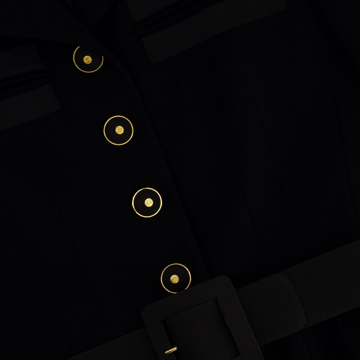 Chanel Jackets? Chanel Black Wool Blazer Jacket and Pleated Mini Skirt Set With Belt and Logo Detail Buttons Size FR 38 (UK 10) Luxury Designer Outerwear Jacket