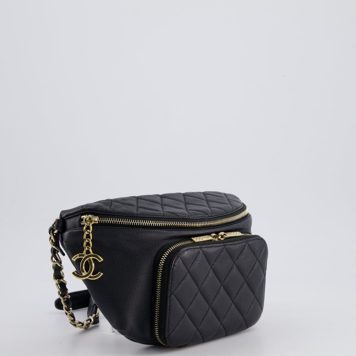 Chanel Bags Chanel Black Quilted Business Affinity Bum Bag in Caviar Leather with Champagne Gold Hardware and Logo Zip Luxury Designer Leather Handbag