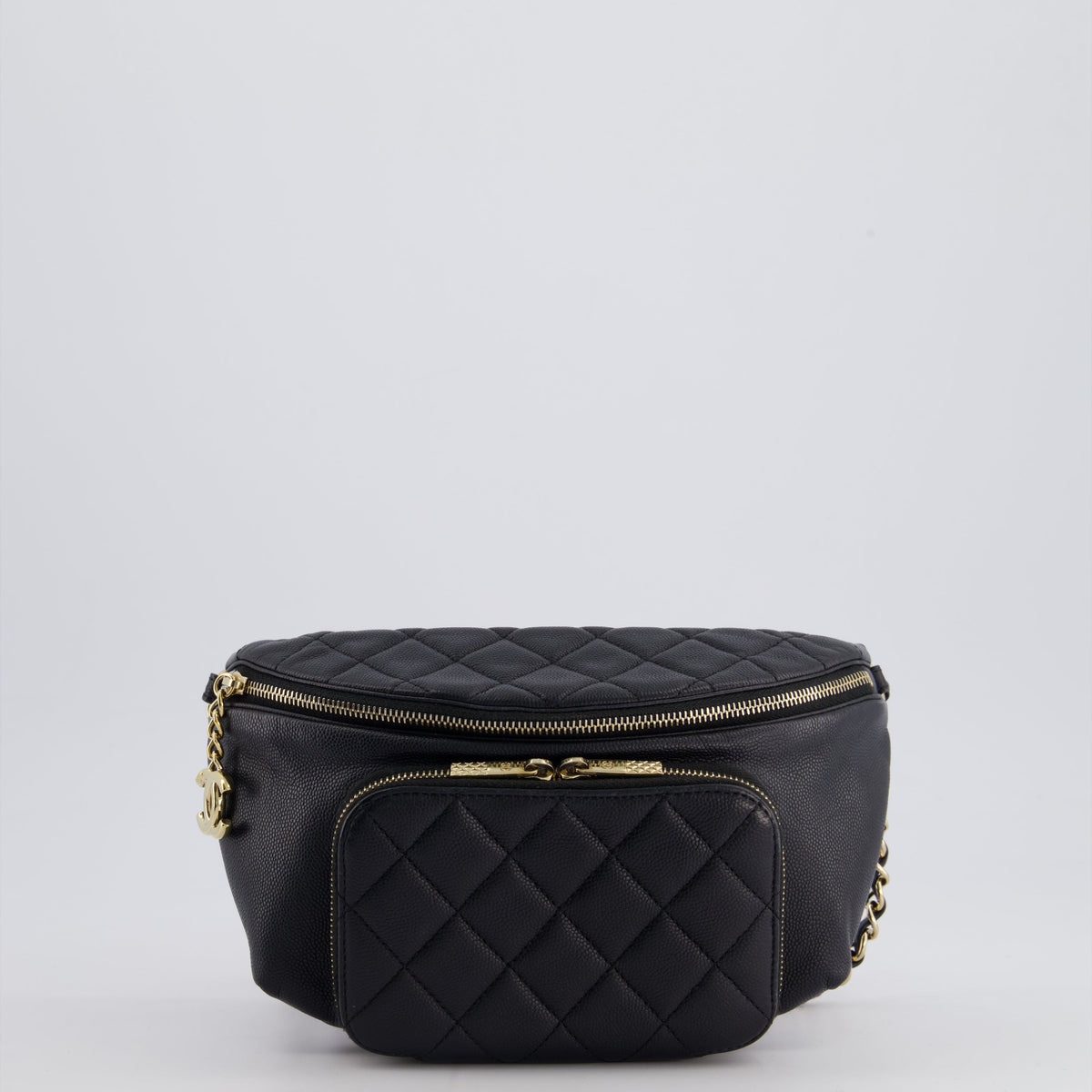 Chanel Bags Chanel Black Quilted Business Affinity Bum Bag in Caviar Leather with Champagne Gold Hardware and Logo Zip Luxury Designer Leather Handbag