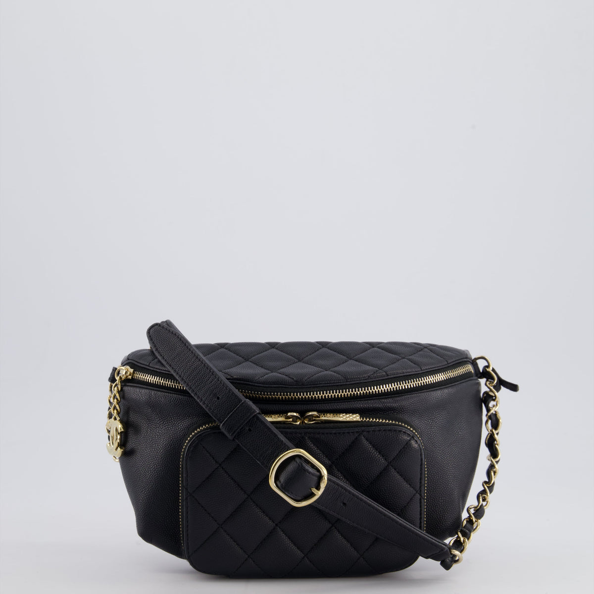 Chanel Bags Chanel Black Quilted Business Affinity Bum Bag in Caviar Leather with Champagne Gold Hardware and Logo Zip Luxury Designer Leather Handbag