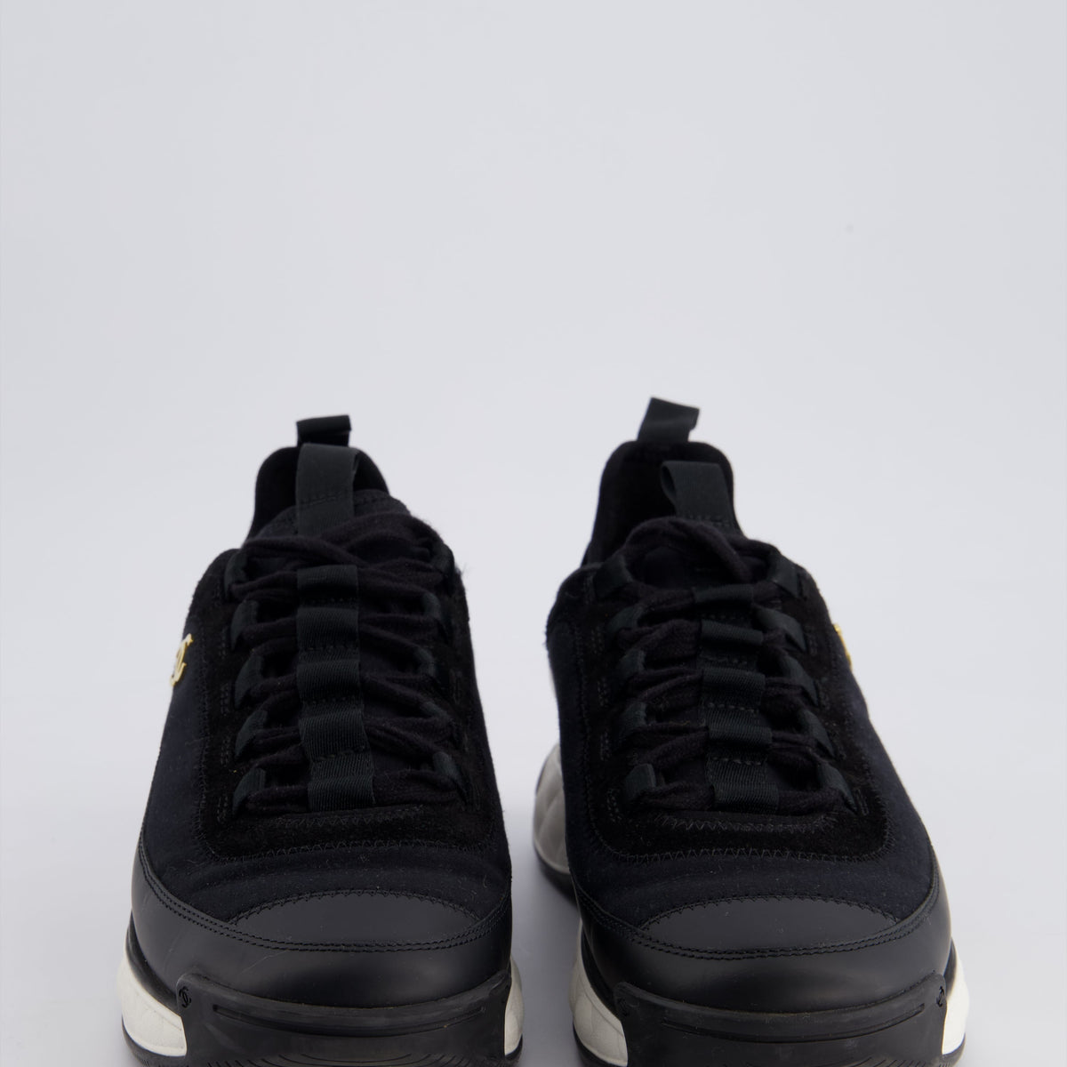 Chanel Shoes? Chanel Black Fabric and Leather Trainers with White Soles and Gold Logo Size EU 38.5 Comfortable Everyday Designer Shoes