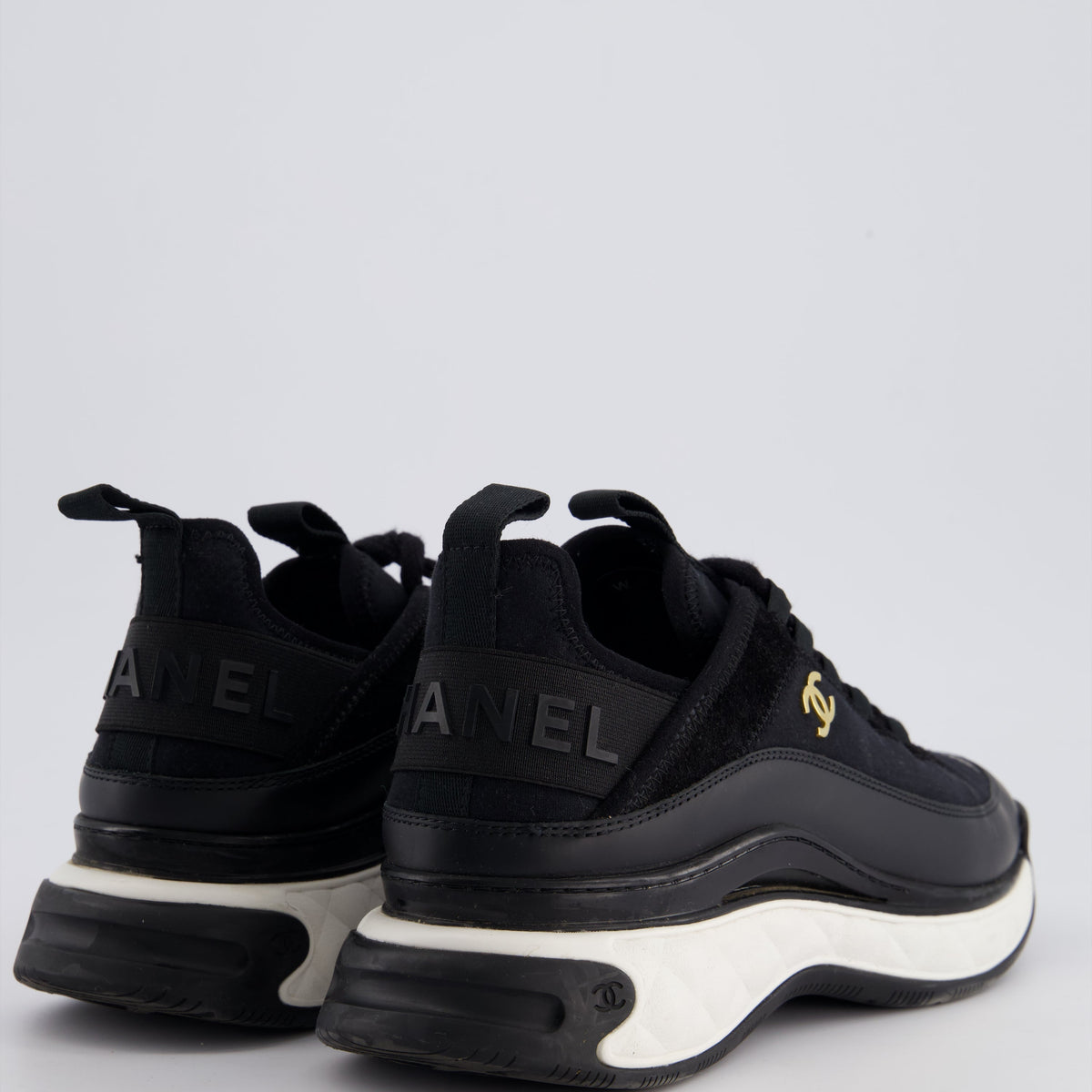 Chanel Shoes? Chanel Black Fabric and Leather Trainers with White Soles and Gold Logo Size EU 38.5 Comfortable Everyday Designer Shoes