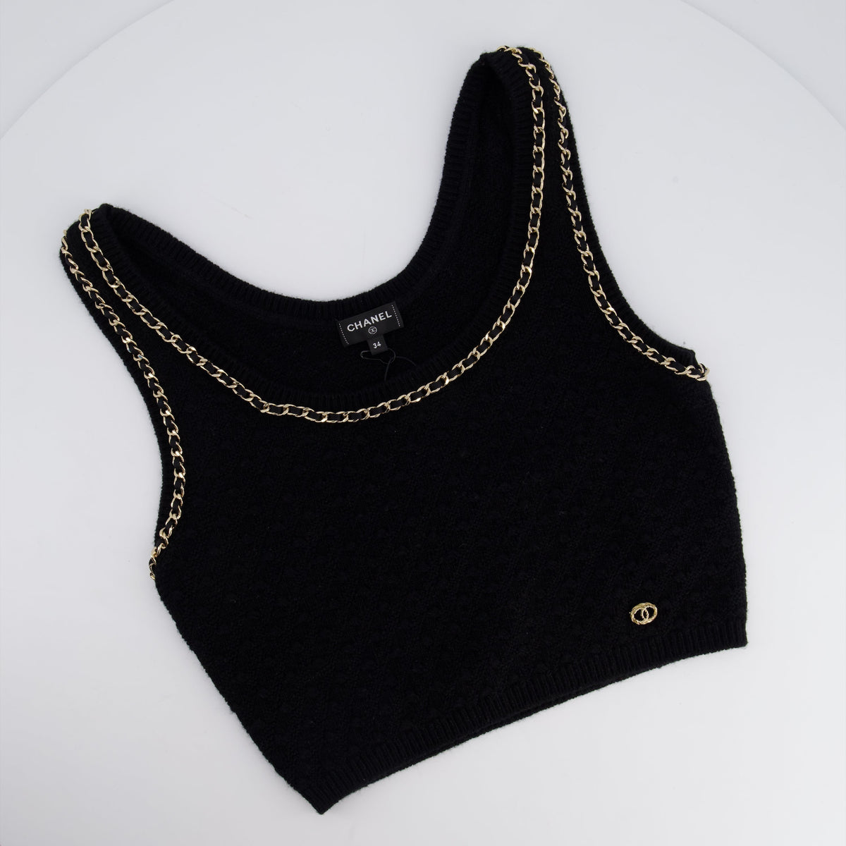 Chanel Sweaters? Chanel 23B Black Cashmere Knit Tank Top with Gold Chain and Logo Detail Size FR 34 (UK 6) RRP ¬£2150 Premium Casual Designer Knitwear