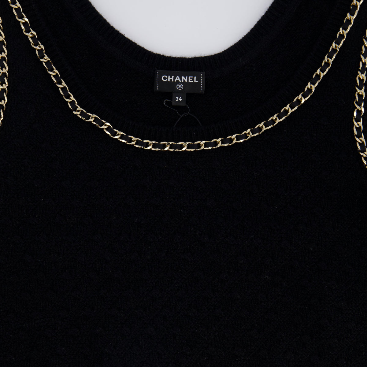 Chanel Sweaters? Chanel 23B Black Cashmere Knit Tank Top with Gold Chain and Logo Detail Size FR 34 (UK 6) RRP ¬£2150 Premium Casual Designer Knitwear