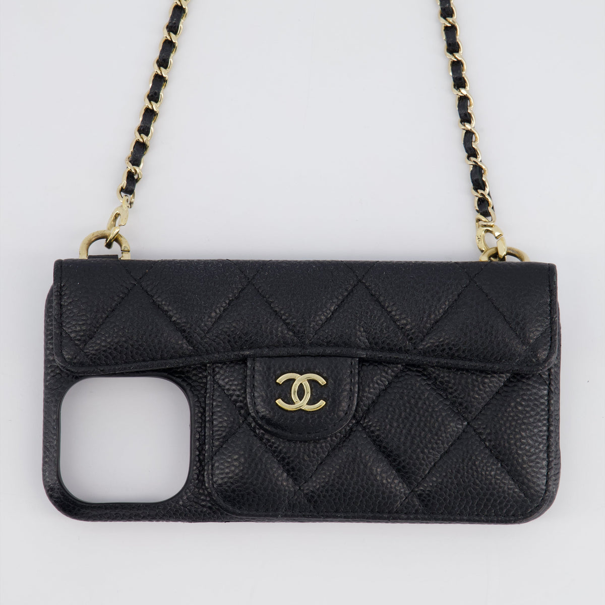 Chanel Accessories? Chanel Black Caviar Cross-Body Phone Case with Champagne Gold Hardware For iPhone 15 Pro Max Luxury Designer Fashion Accessory