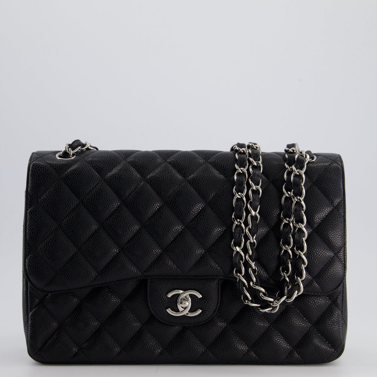 Chanel Bags Chanel Black Jumbo Classic Double Flap Bag in Caviar Leather with Silver Hardware Premium Designer Shoulder Bag