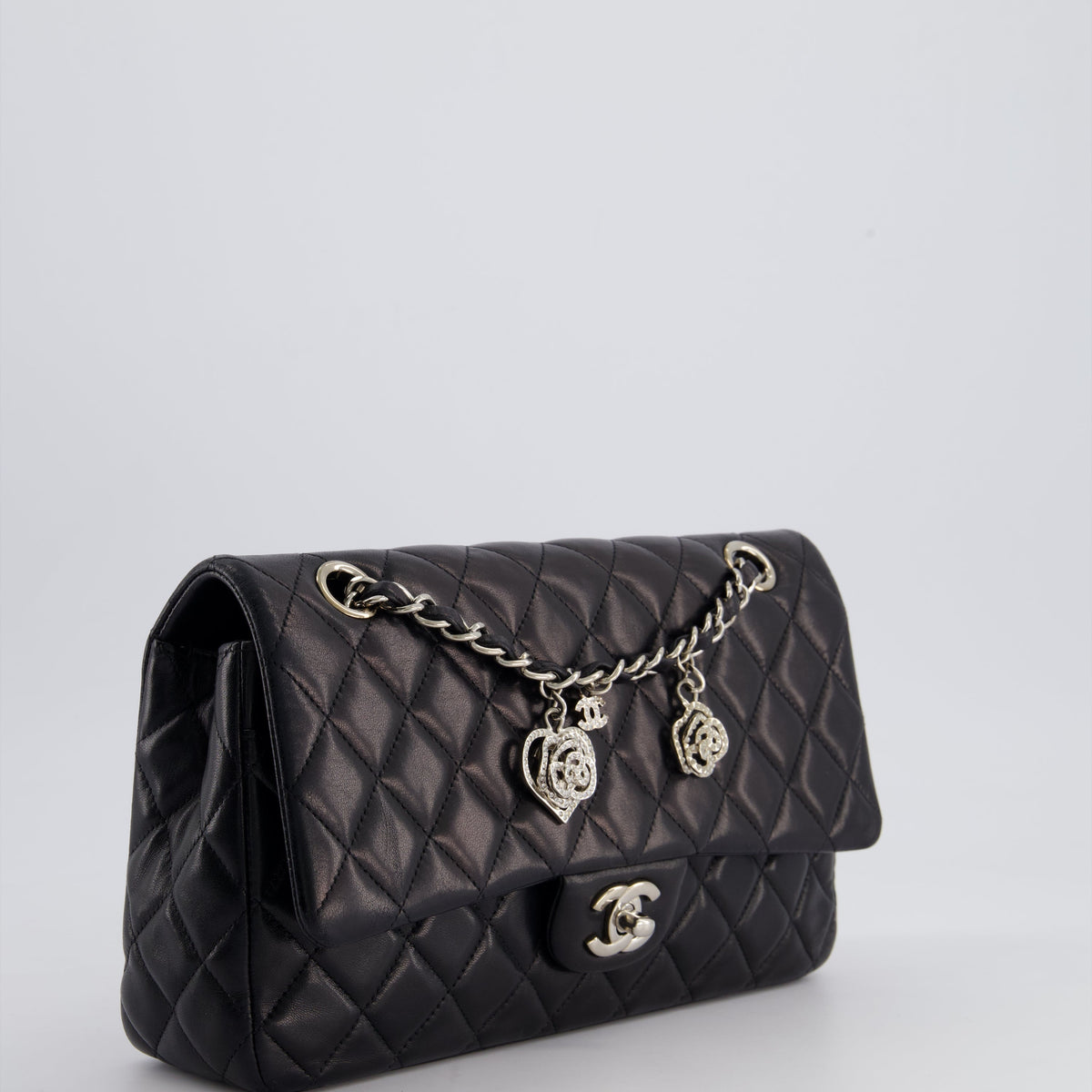 Chanel Bags Chanel Black Medium Single Flap Bag with Camelia Crystal Charm Detail Lambskin Leather Silver Hardware Luxury Designer Leather Handbag