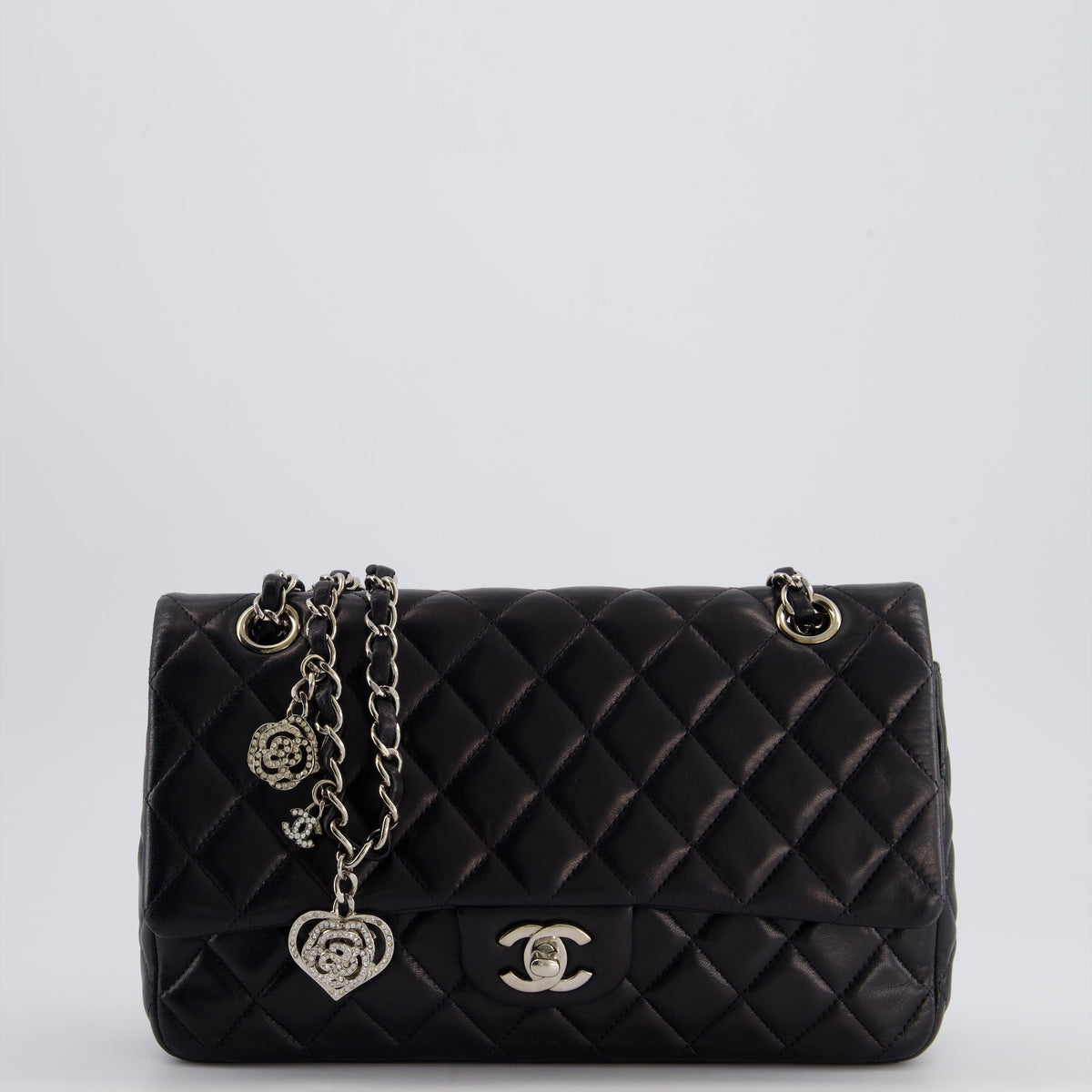 Chanel Bags Chanel Black Medium Single Flap Bag with Camelia Crystal Charm Detail Lambskin Leather Silver Hardware Luxury Designer Leather Handbag