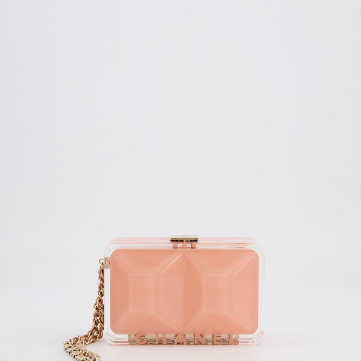 Chanel Bags Chanel *COLLECTOR'S PIECE* Chanel Minaudi?®re Pink Plexiglass Clutch Bag With Champagne Hardware and Logo Detail Luxury Designer Leather Handbag