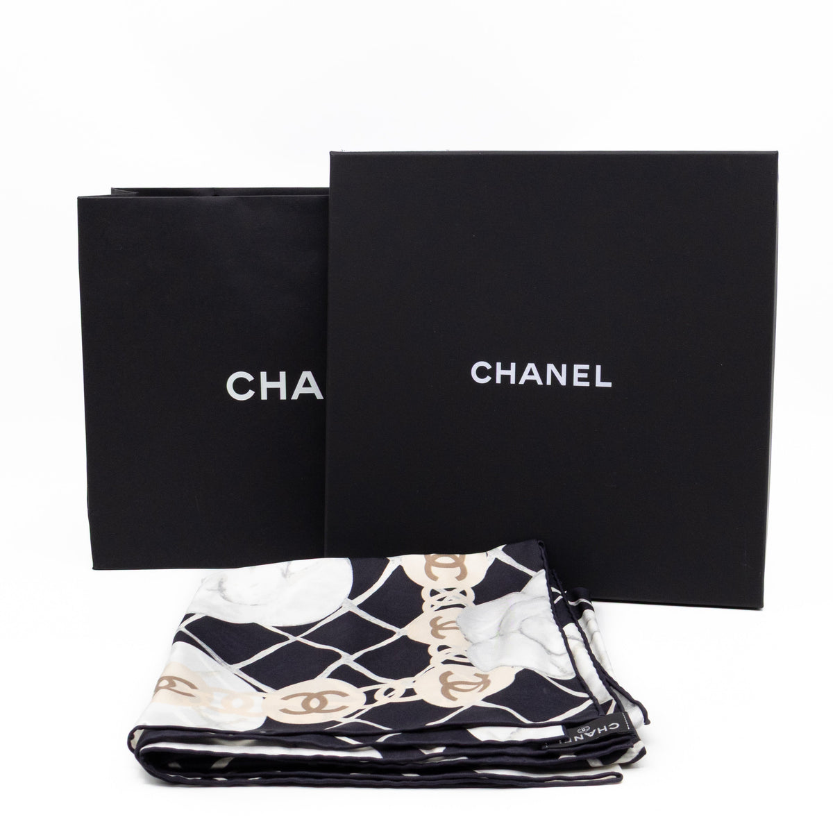 Chanel Scarves? Chanel Camellia Silk Square Scarf Black & White 90 cm Elegant Everyday Designer Scarf