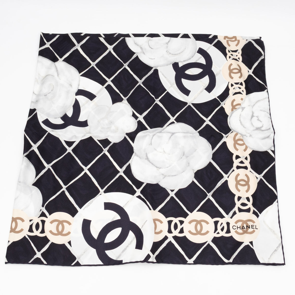 Chanel Scarves? Chanel Camellia Silk Square Scarf Black & White 90 cm Elegant Everyday Designer Scarf