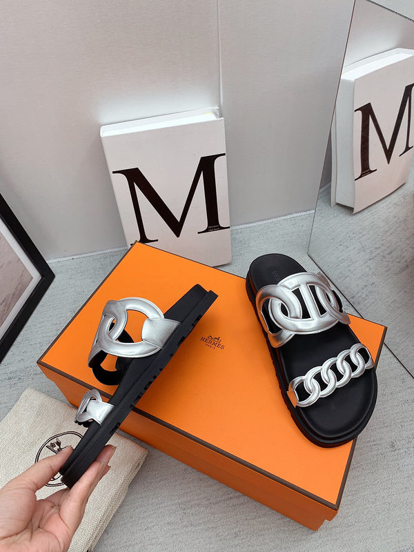 Hermès Grey Classic Ballet Flats - Front View
