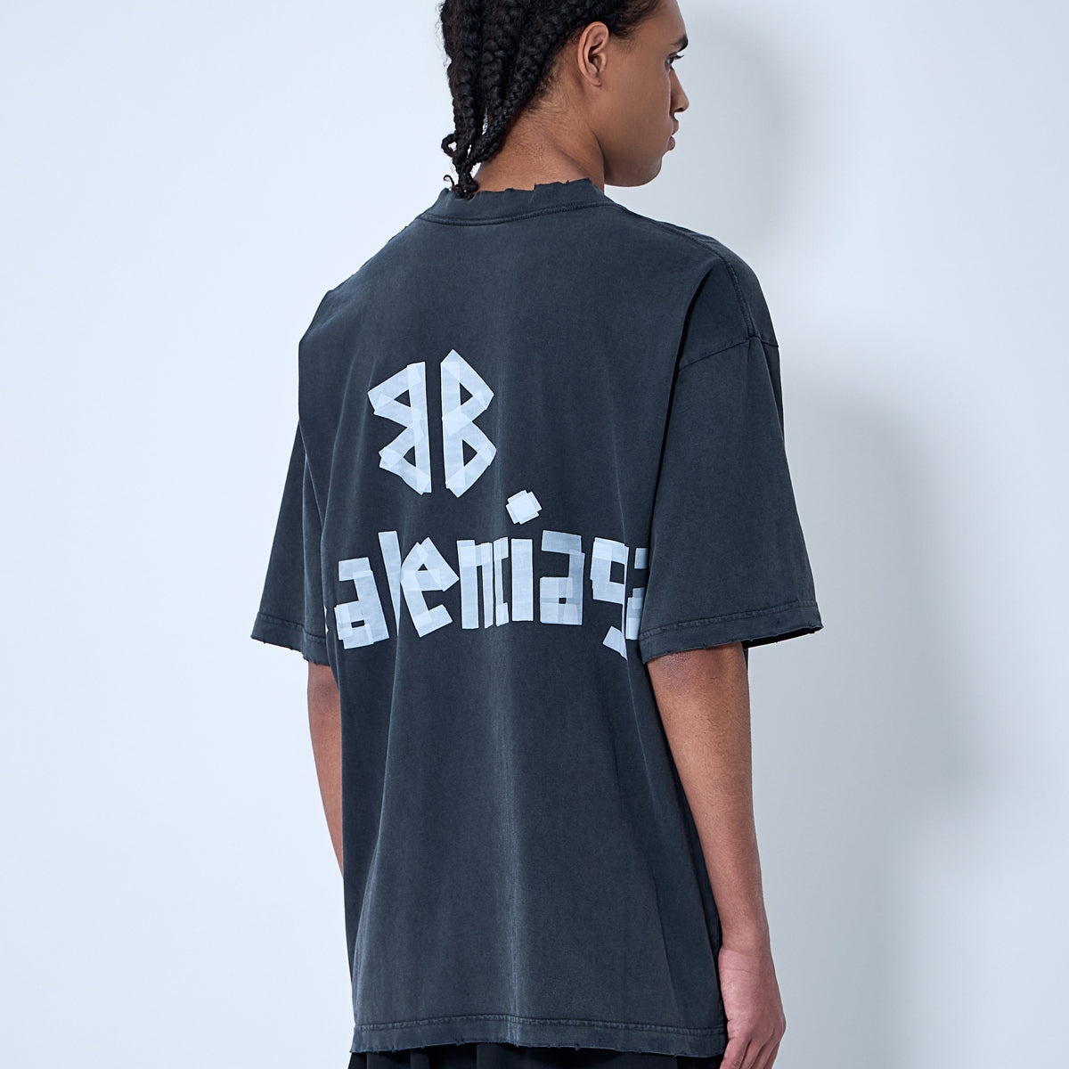 Close-up of Balenciaga tee shirts hardware and fine stitching