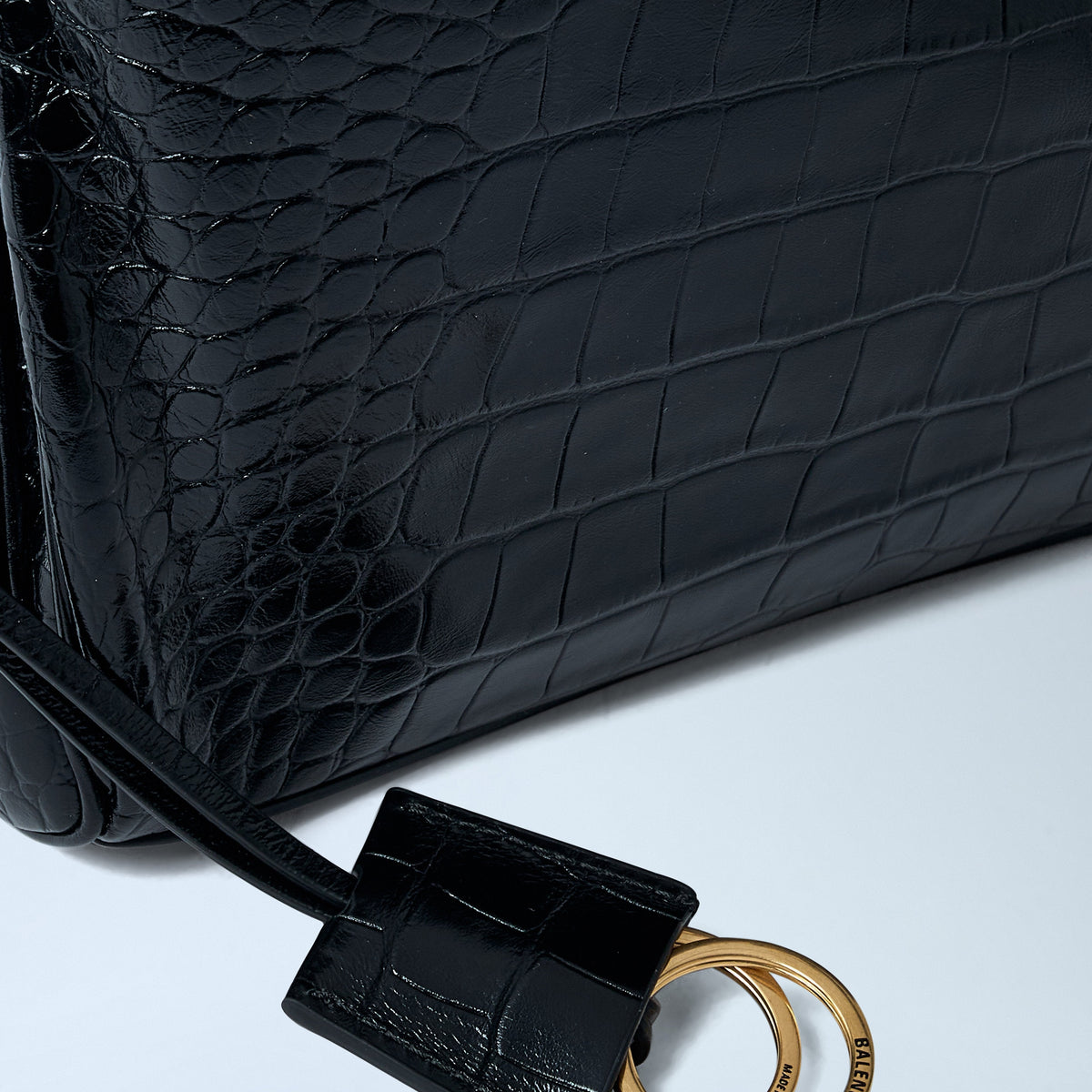 Close-up of Balenciaga shoulder bags hardware and fine stitching