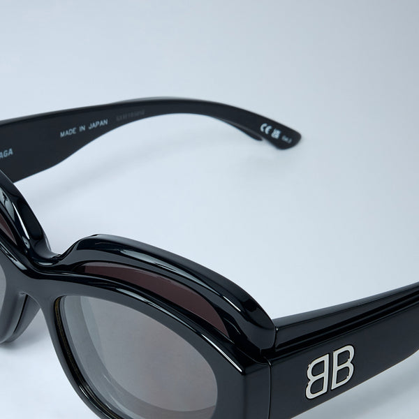 Close-up of Balenciaga sunglasses hardware and fine stitching