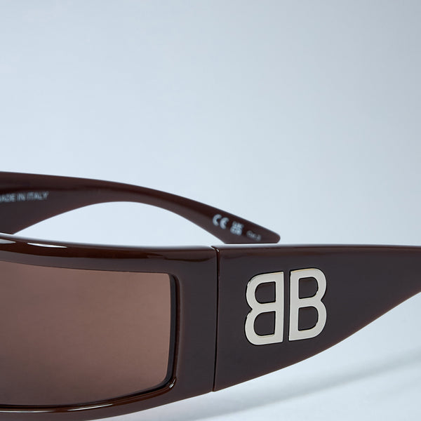 Close-up of Balenciaga sunglasses hardware and fine stitching