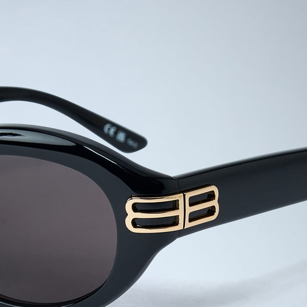 Close-up of Balenciaga sunglasses hardware and fine stitching